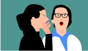Cartoon image of one lady whispering in the ear of another shocked lady.